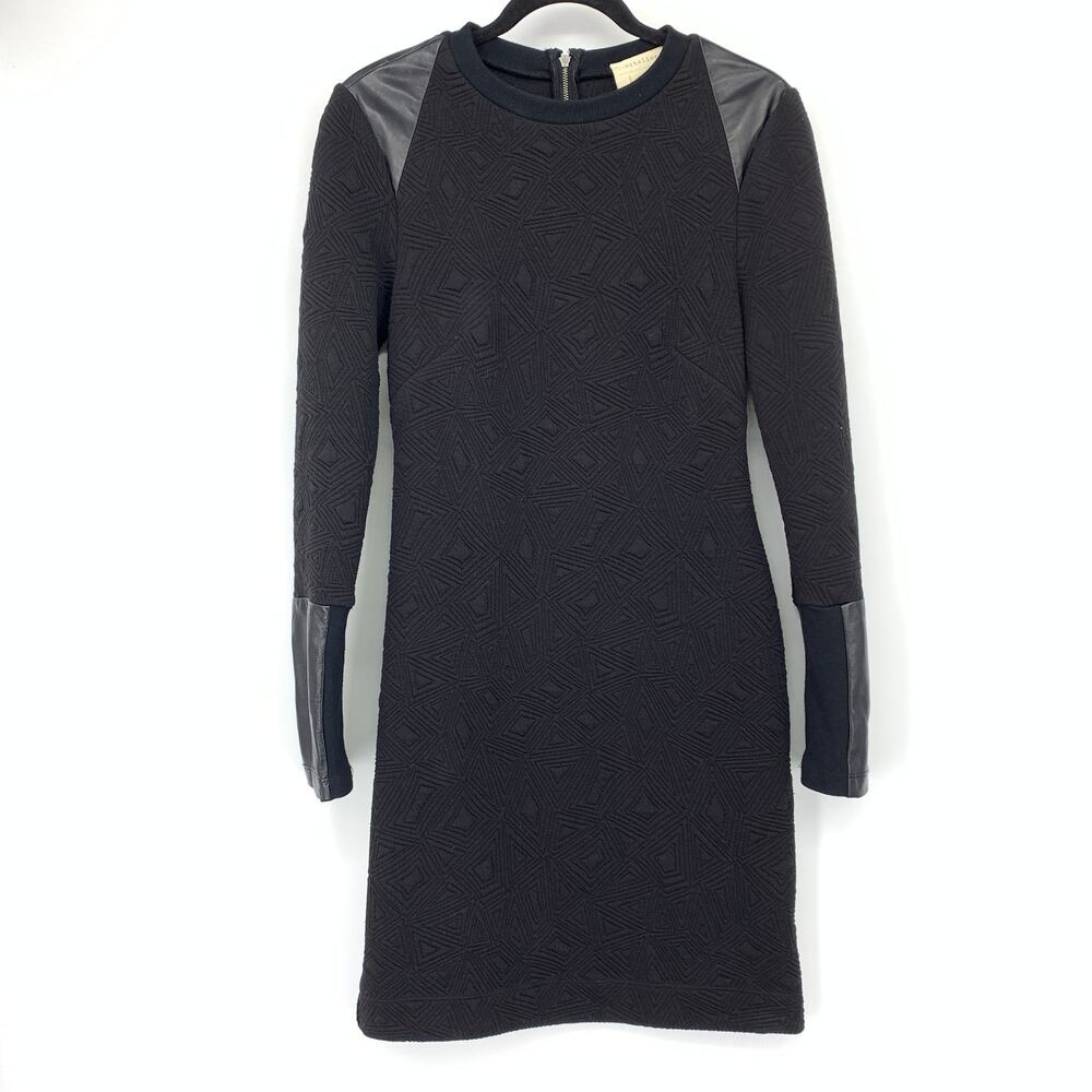 Nicole Miller Artelier Long Sleeve Crew Neck Dress Sz 2 Black With Leather Trim